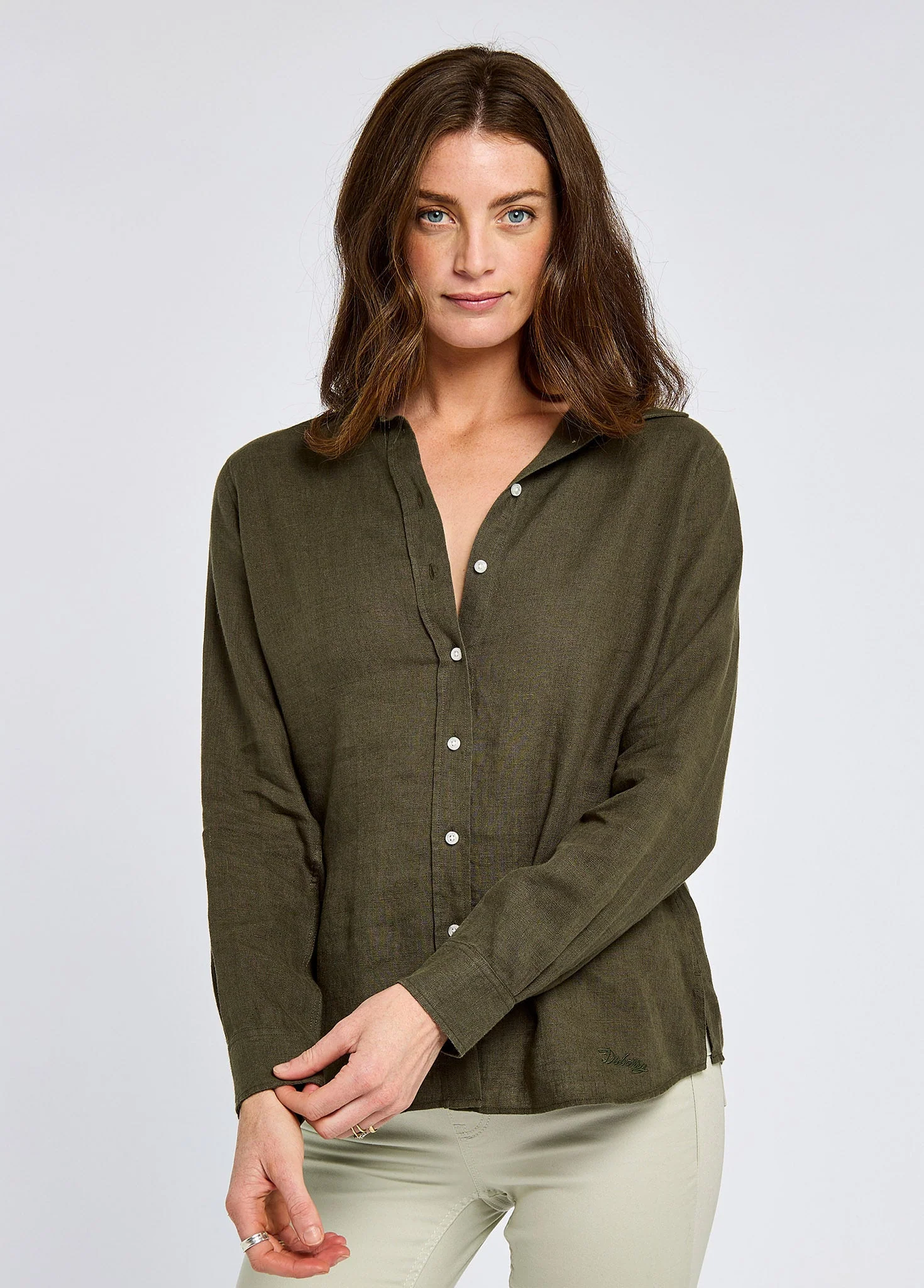 Butterfly Ladies' long sleeve linen shirt- khaki