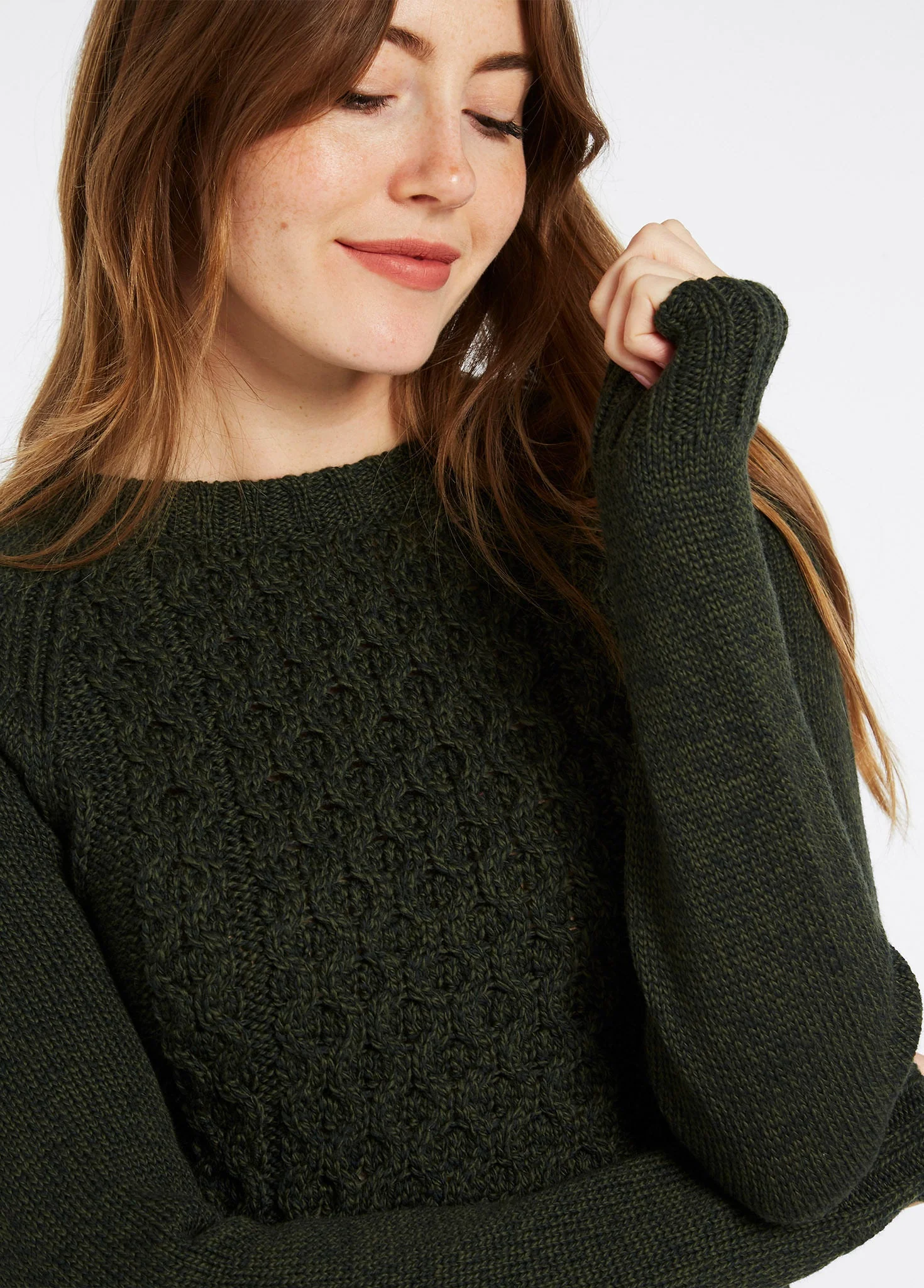 Shanley Women's Irish Knit Merino Aran Sweater - Olive