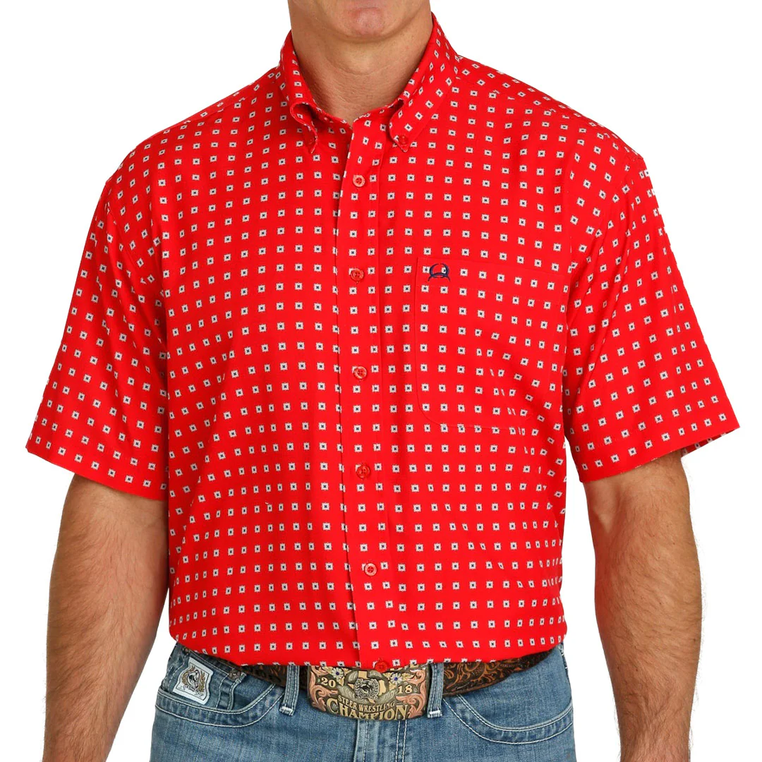 Cinch Men's Short Sleeve Geo Print Button-Down Shirt In Red