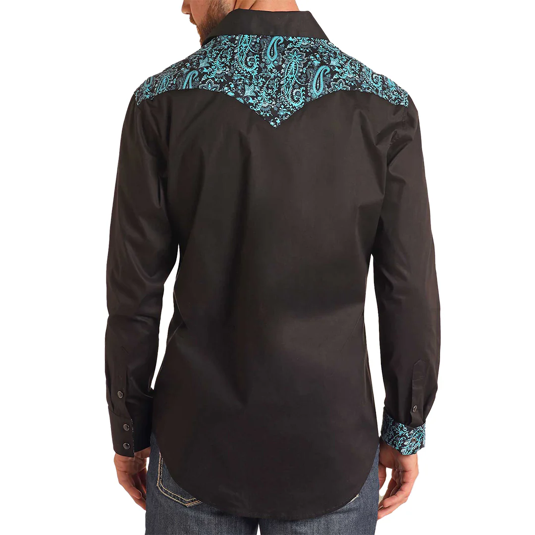 Rock & Roll Denim Paisley Yolk Western Long Sleeve Snap Shirt