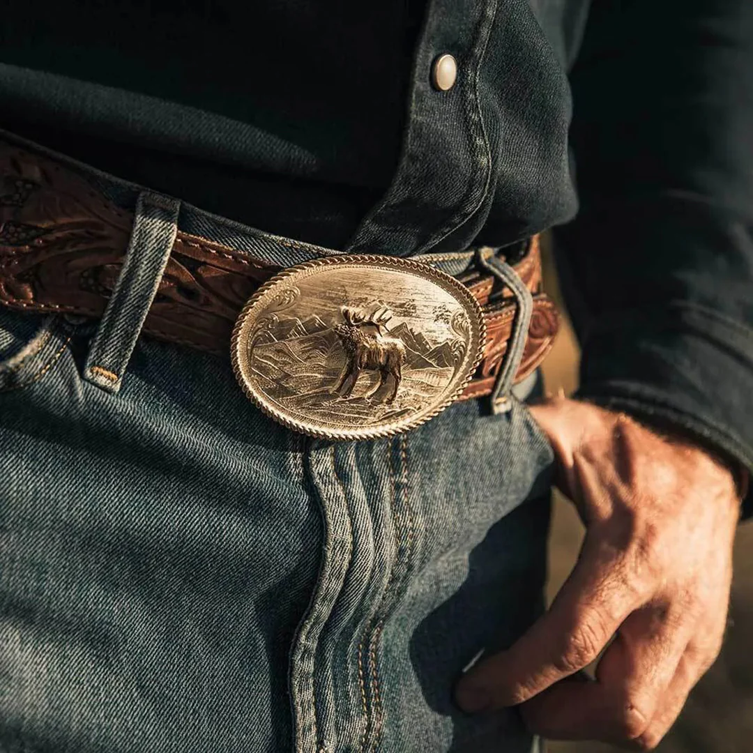 Montana Silversmiths Etched Mountain Scene & Bull Elk Belt Buckle