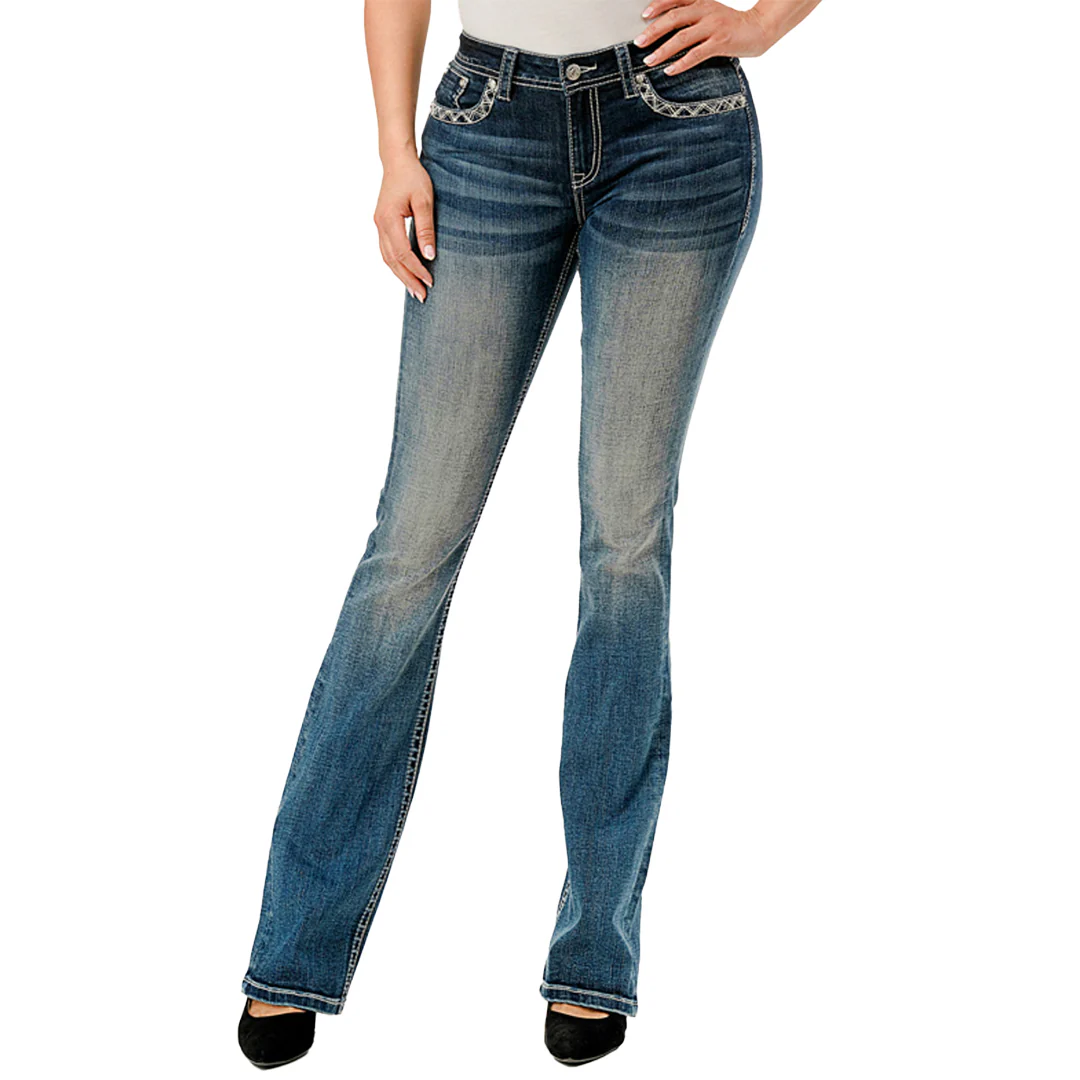 Grace In LA Women's Steer Head Embellished Pocket Bootcut Jeans