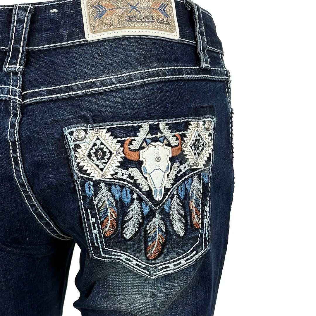 Grace in LA Women's Steerhead And Feather Pocket Bootcut Jeans