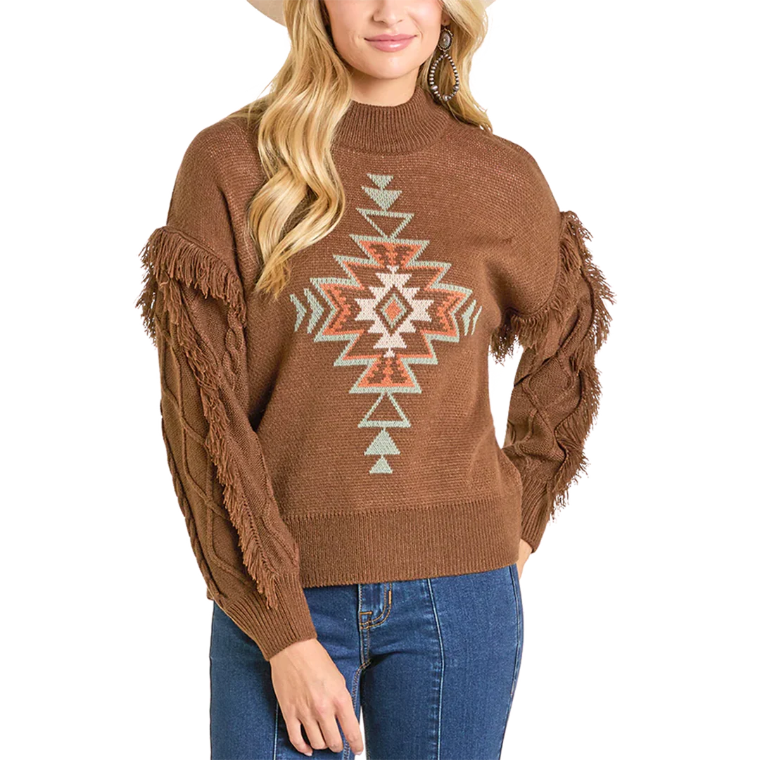 Rock & Roll Denim Women's Aztec Knit Fringe Sweater