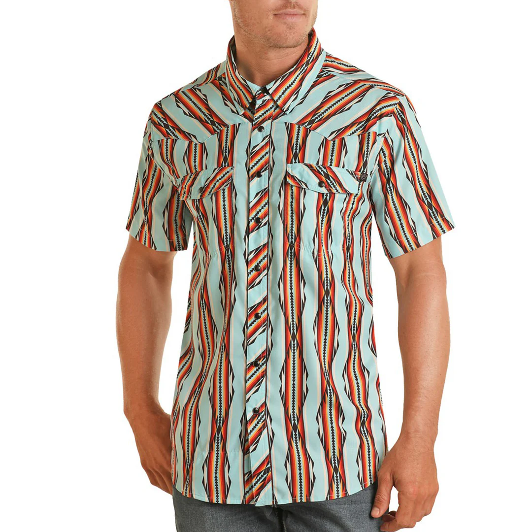 Rock & Roll Cowboy Men's Tek Western Aztec Print Short Sleeve Snap Shirt