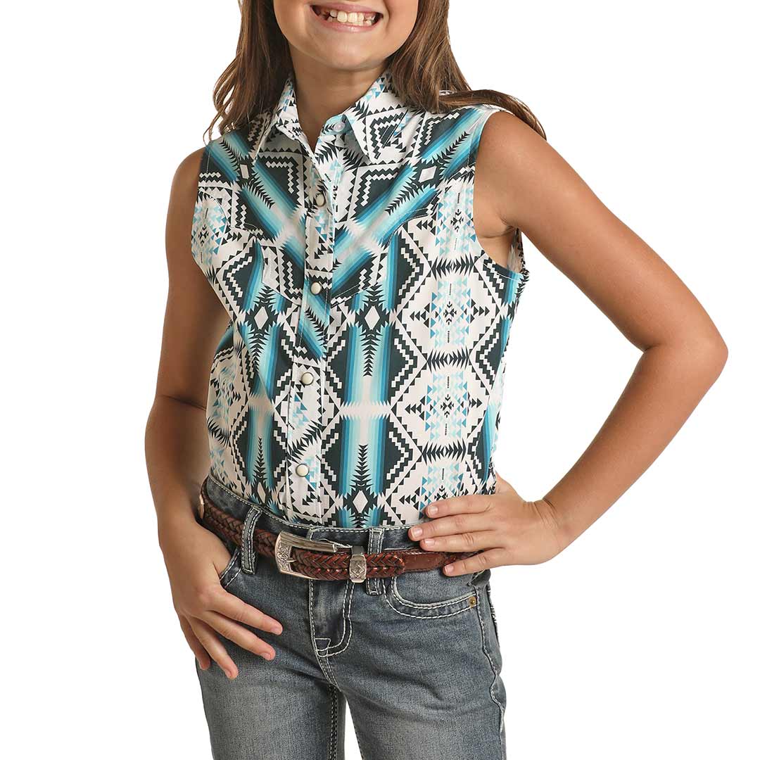 Rock & Roll Cowgirl Girl's Aztec Print Sleeveless Snap Shirt