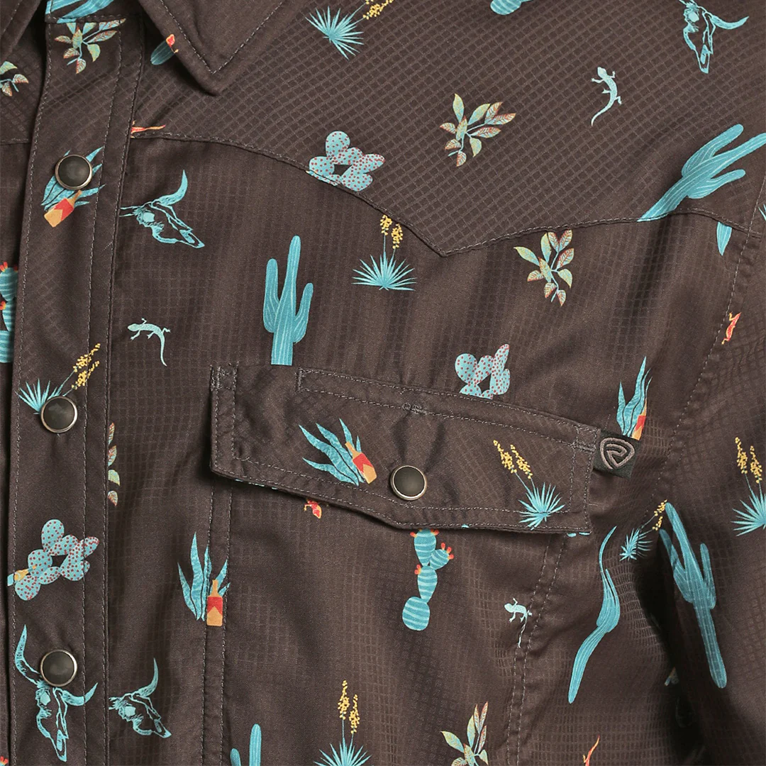 Rock & Roll Cowboy Men's Tek Western Cactus Print Short Sleeve Snap Shirt