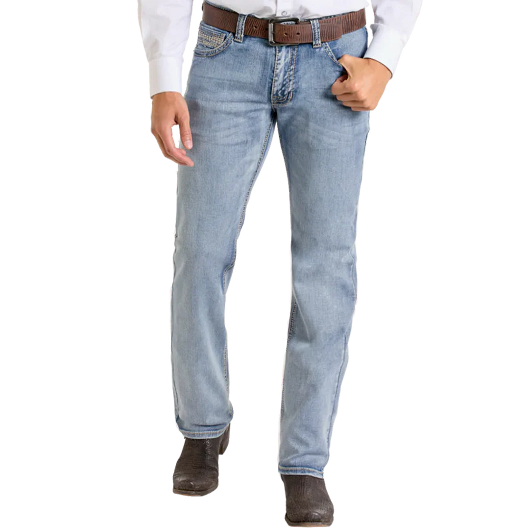 Rock & Roll Denim Men's Slim Fit Leather Stitch Pocket Straight Leg Jeans