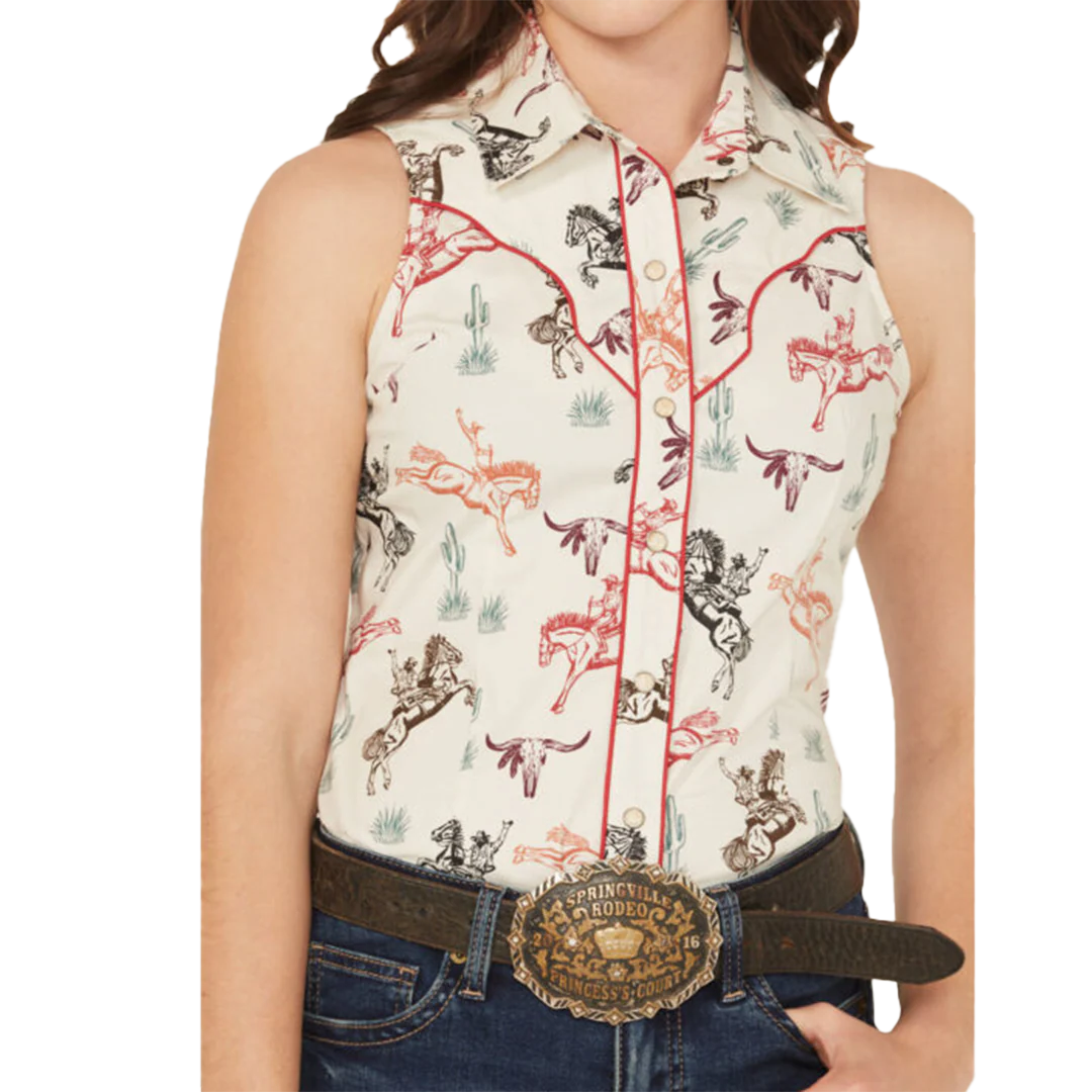 Rock & Roll Denim Women's Horse Print Sleeveless Snap Shirt