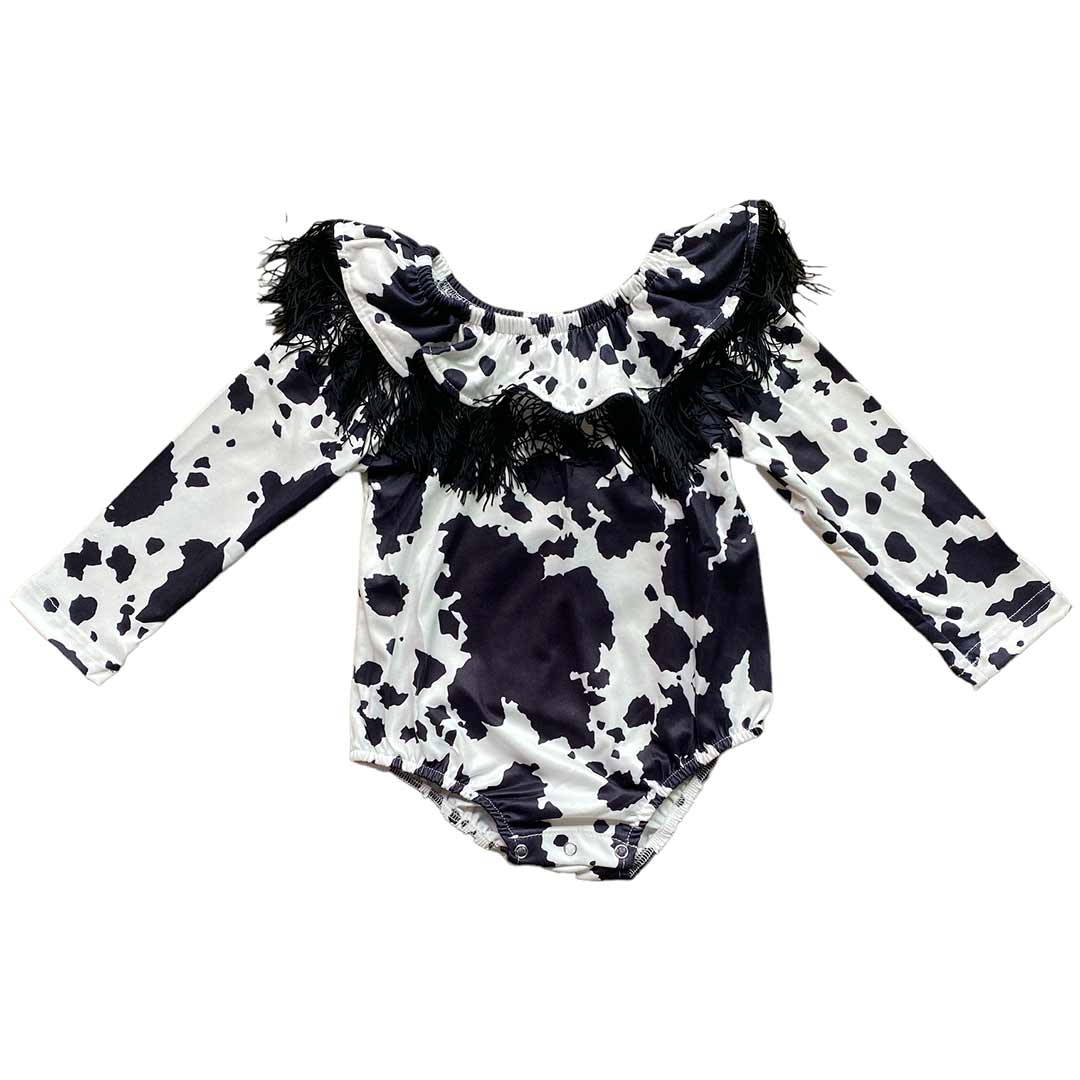 Shea Baby Baby Girls' Cow Print Off Shoulder Fringe Onesie