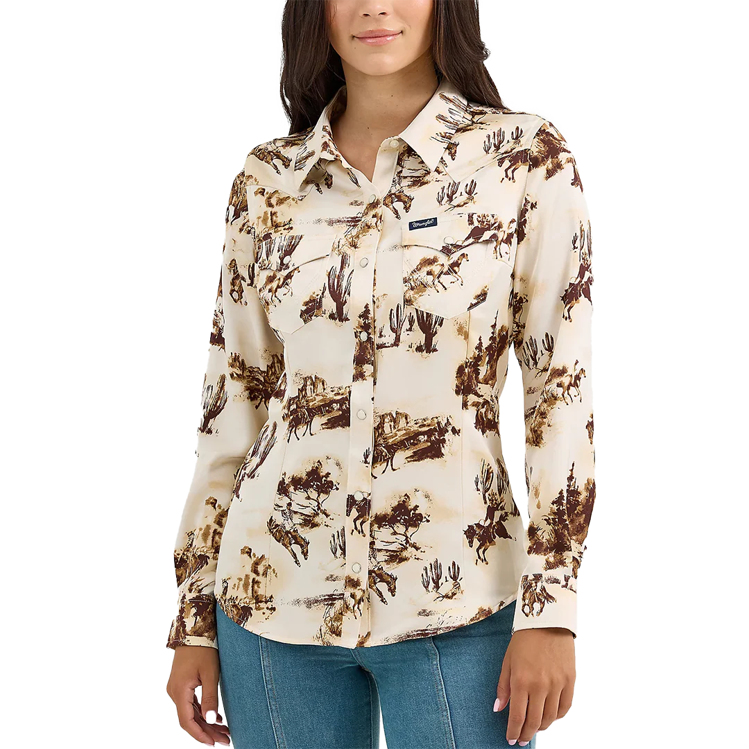 Wrangler Women's Bold Bucking Cowboy Western Long Sleeve Snap Shirt
