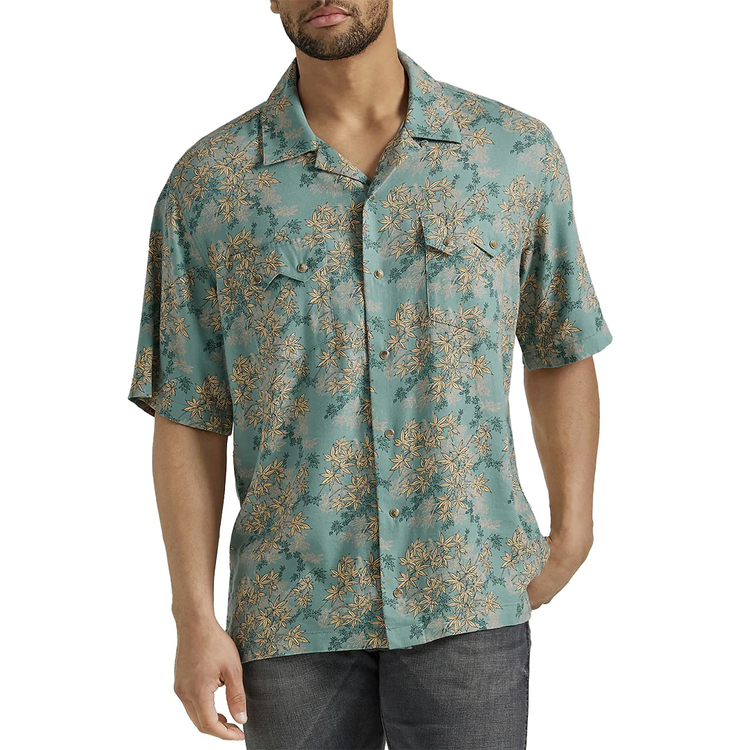 Wrangler Men's Coconut Cowboy Snap Front Camp Sleeve Short in Floral Teal