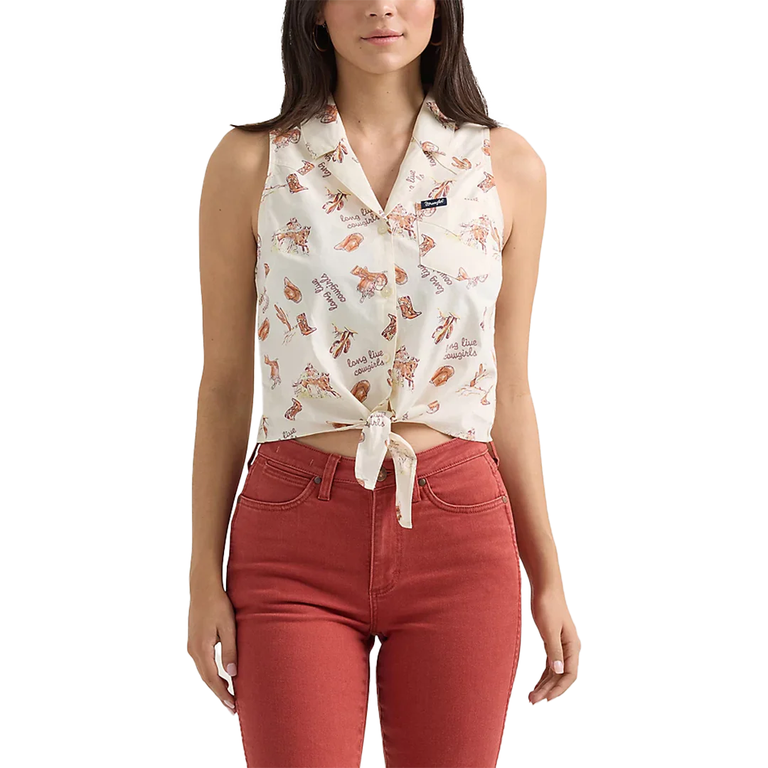 Wrangler Women's Bold Printed Sleeveless Tie Front Shirt
