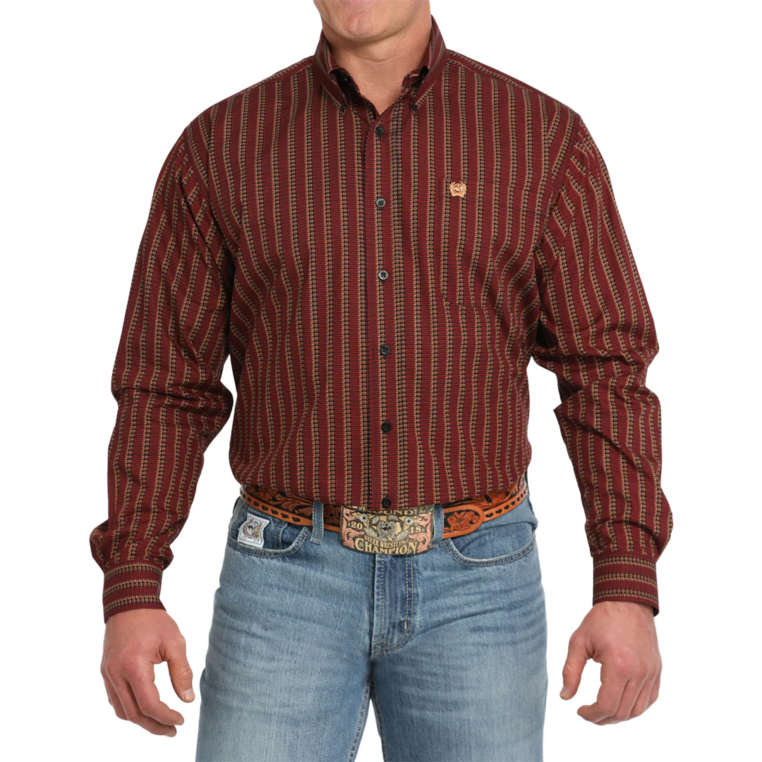 Cinch Men's Red Stripe Print Long Sleeve Button Shirt