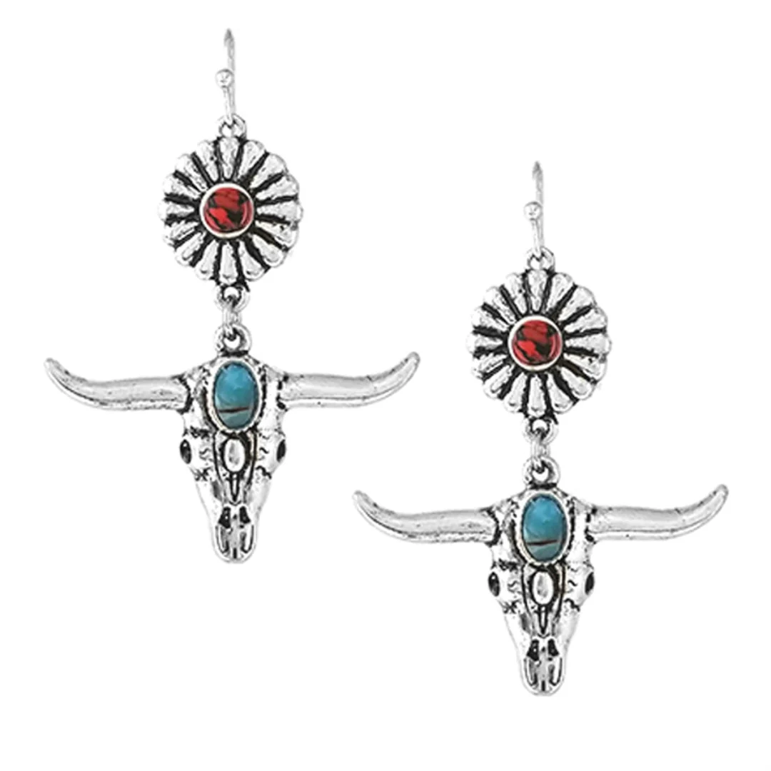 Wyo Horse Women's Longhorn and Flower Dangle Earring
