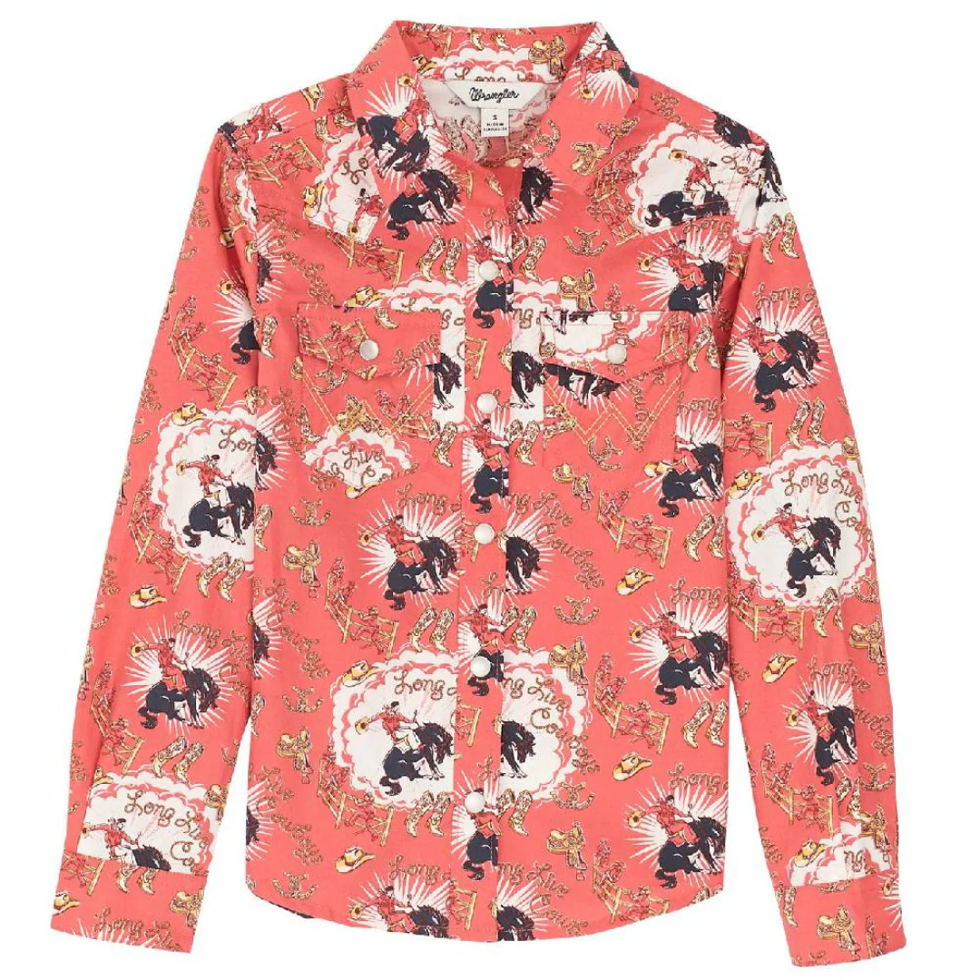 Wrangler Girls' Bucking Horse Print Long Sleeve Snap Shirt