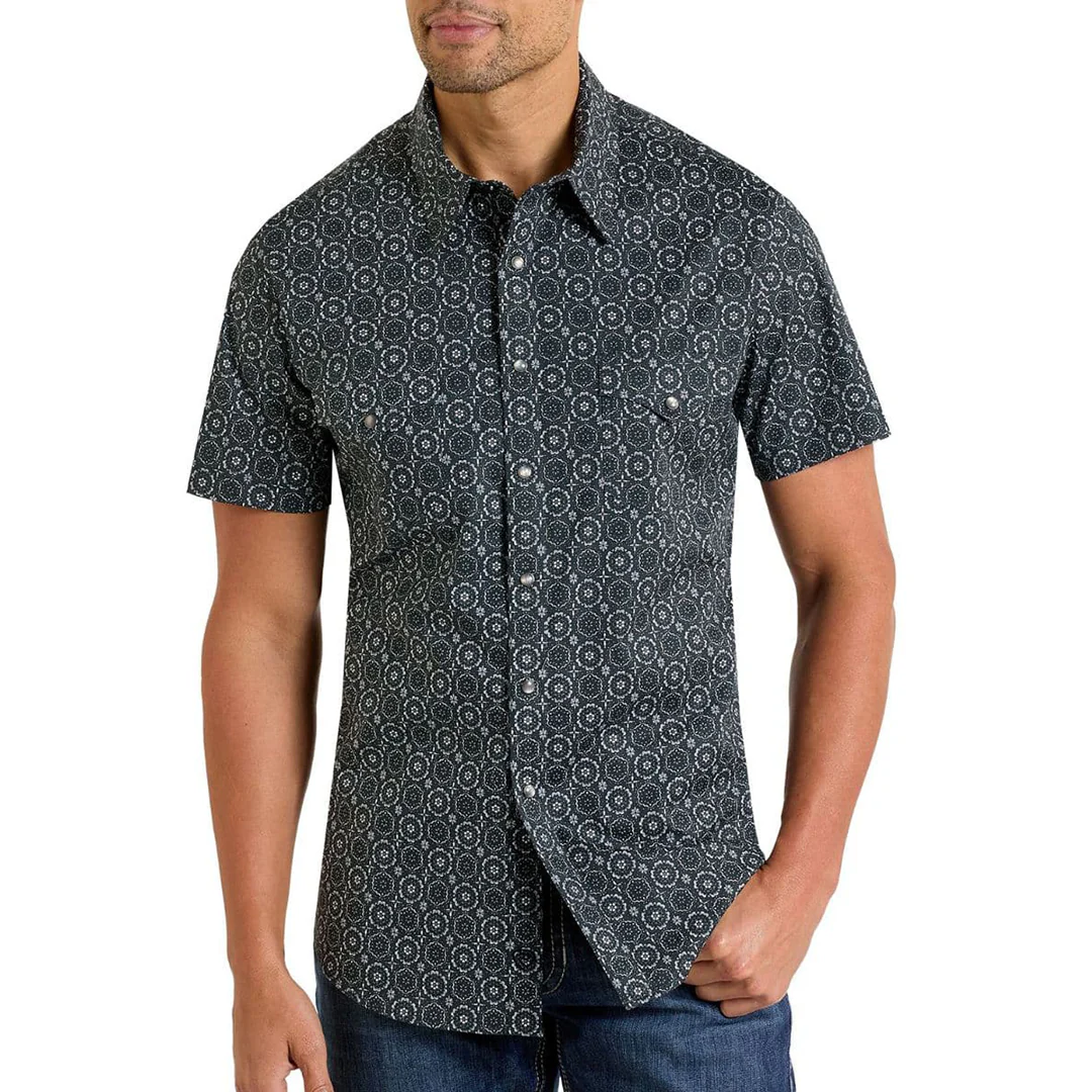 Rock & Roll Denim Men's Geometric Print Short Sleeve Snap Shirt