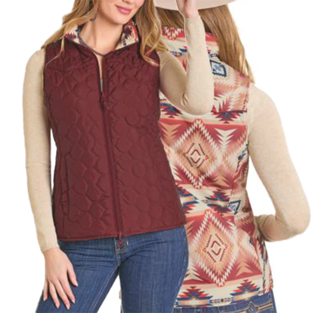 Powder River Outfitters Women's Aztec Print Reversible Quilted Vest