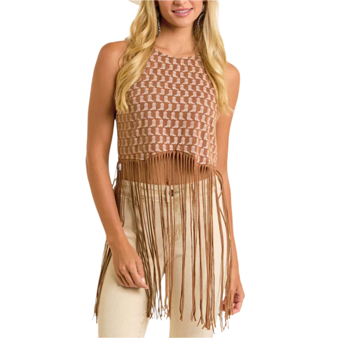 Rock & Roll Denim Women's Boot Print Fringe Top