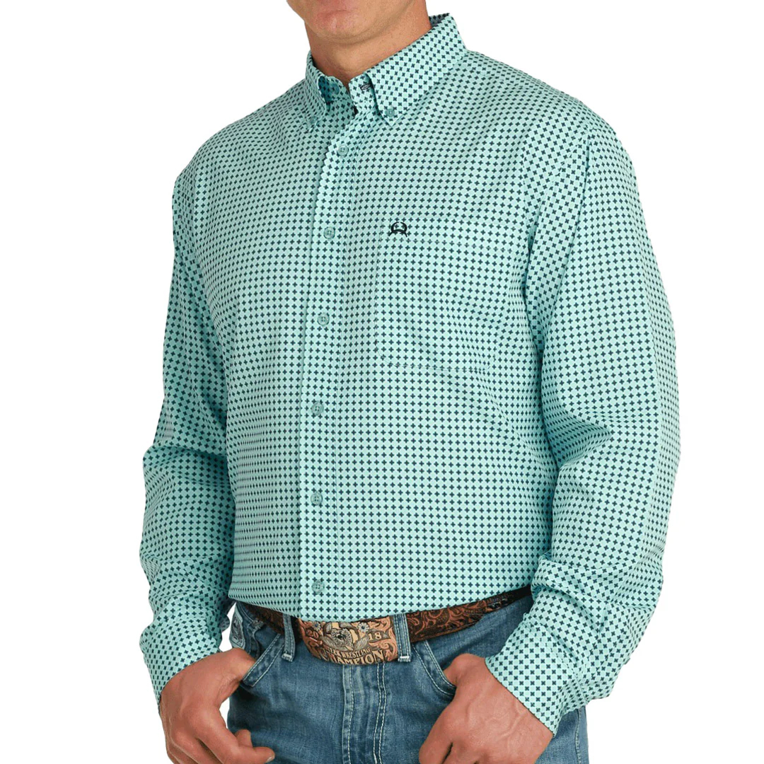 Cinch Men's Geometric Print Button-Down Turquoise Shirt
