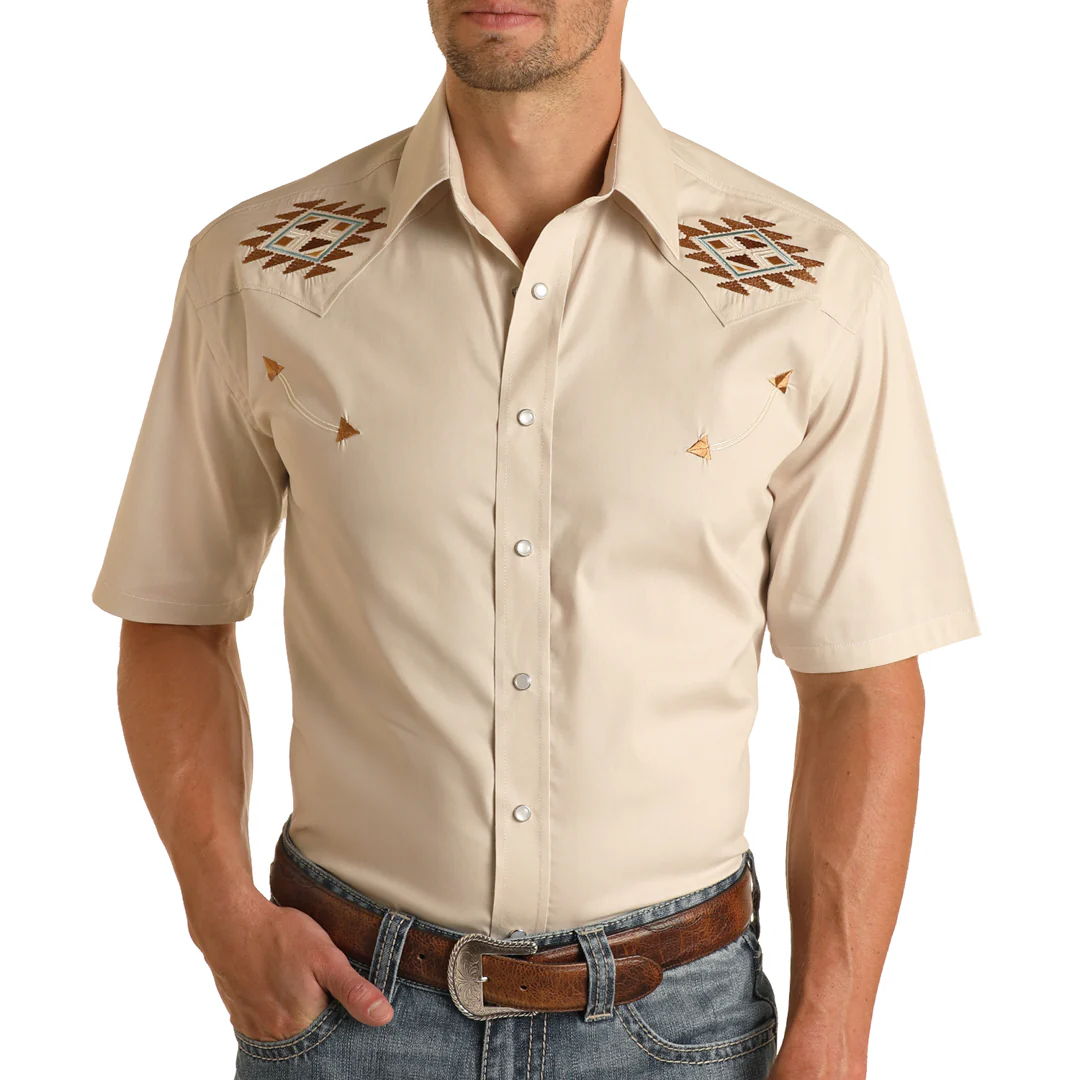 Rough Stock Men's Aztec Embroidered Short Sleeve Snap Shirt In Beige