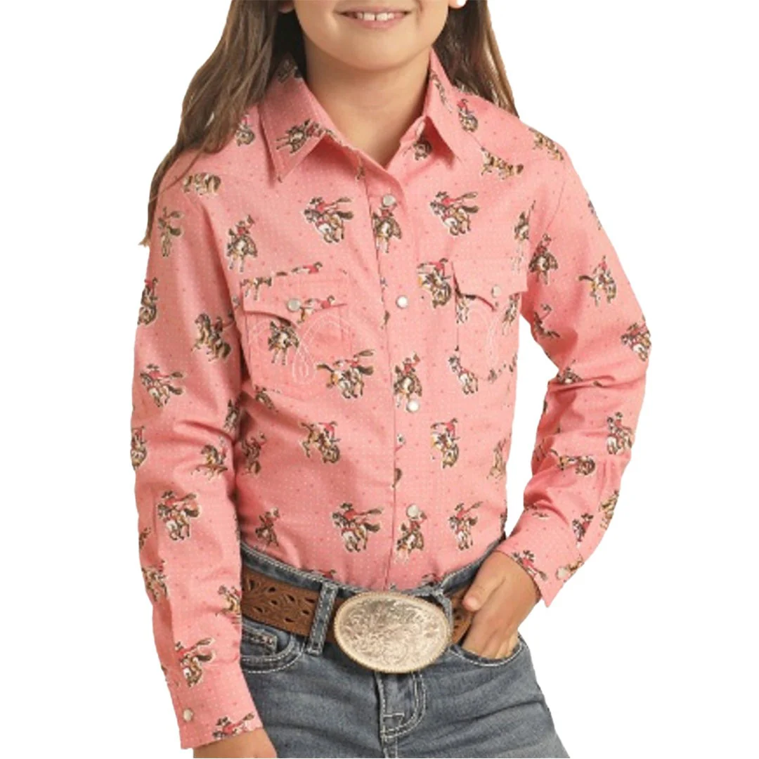 Panhandle Girls' Rose Mauve Print Long Sleeve Snap Shirt