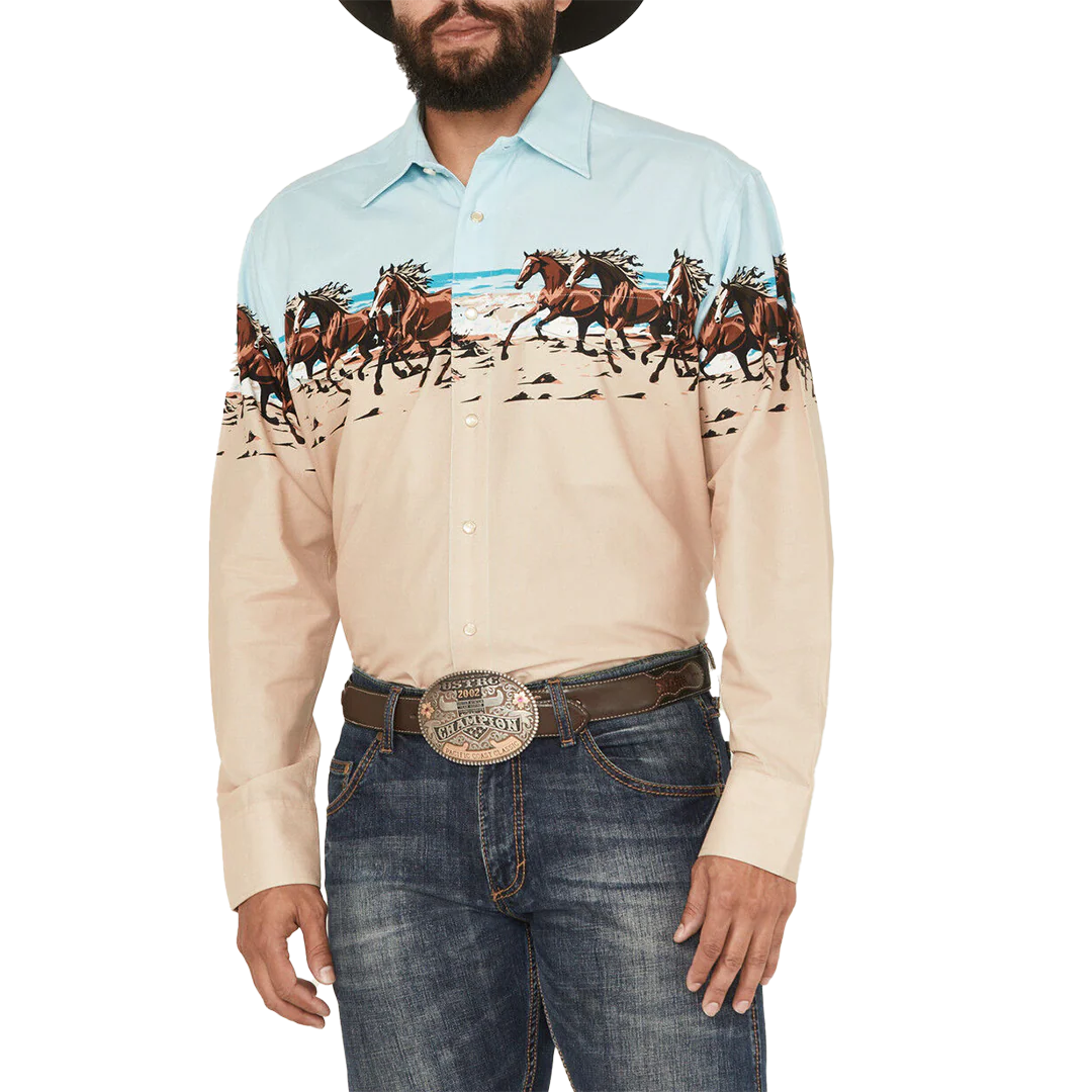 Panhandle Men's Horse Print Border Long Sleeve Snap Shirt