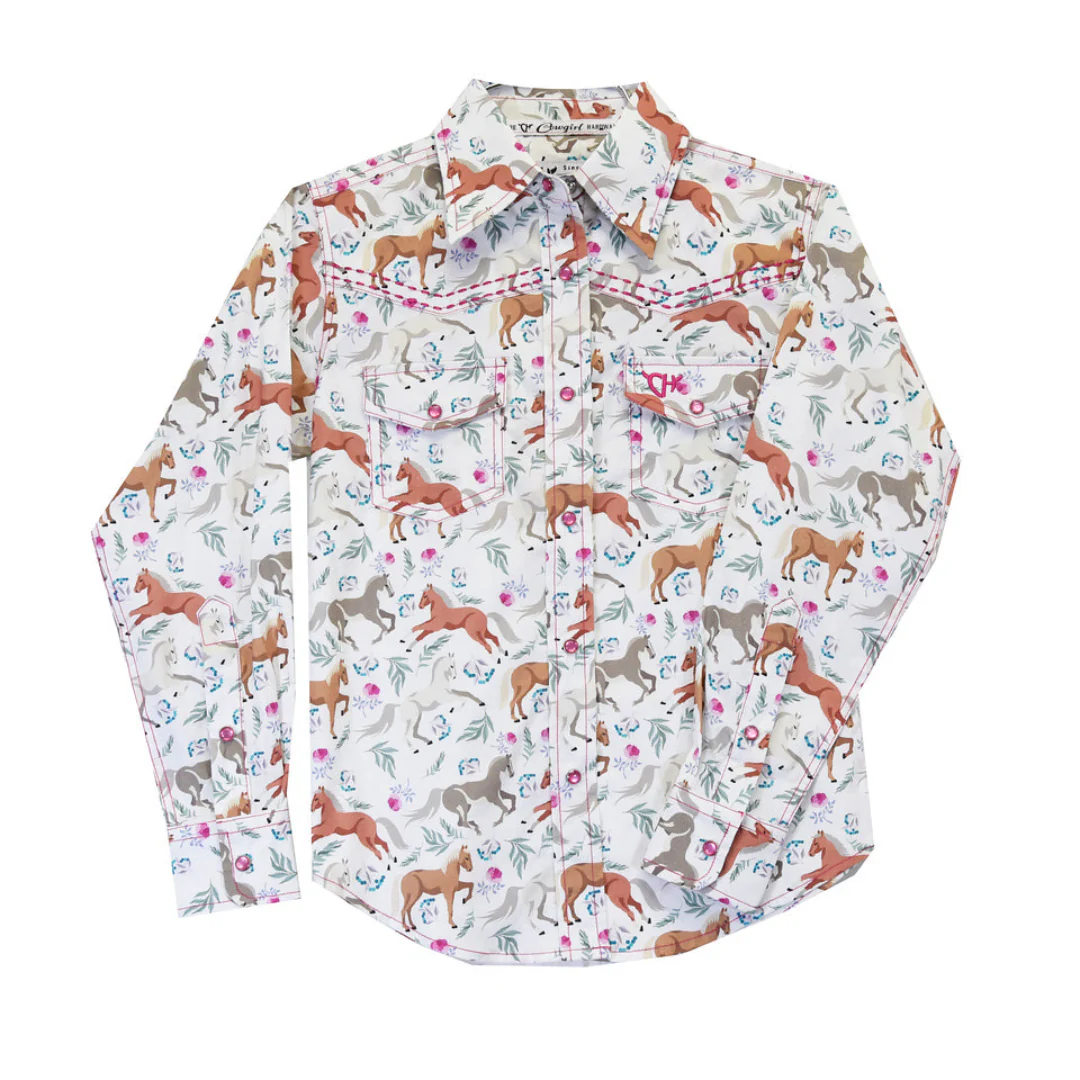 Cowgirl Hardware Girls' Horse Print Snap Shirt