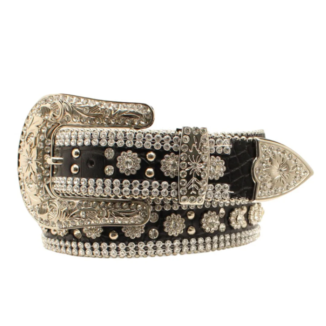 Angel Ranch Black Gator Print Floral Crystal Belt