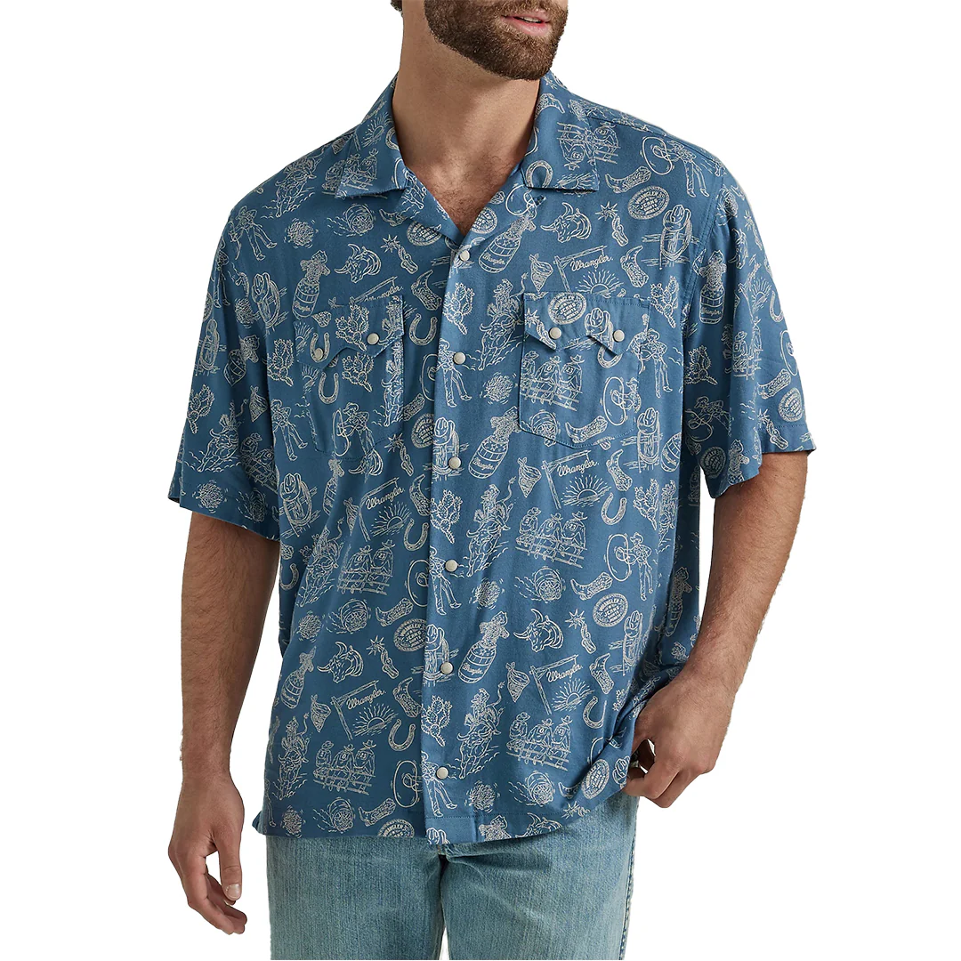 Wrangler Men's Coconut Cowboy Snap Front Camp Sleeve Short in Western Navi