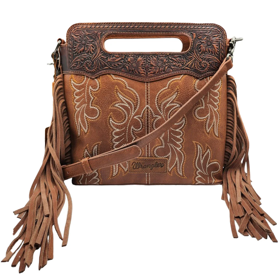 Wrangler Women's Latte Tooled Floral Handle & Fringe Boot Carry Crossbody Bag