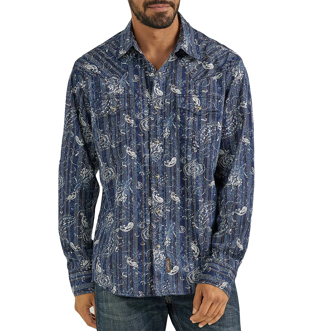 Wrangler Men's Retro Premium Indigo Paisley Long Sleeve Snap Shirt
