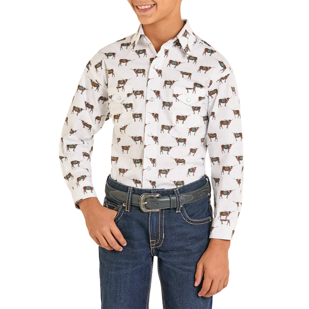 Rough Stock Boys' Novelty Steer Print Long Sleeve Snap Shirt