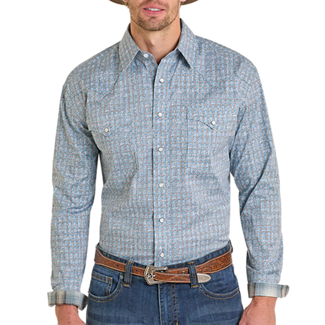 Rough Stock Men's Vintage Print Long Sleeve Snap Shirt