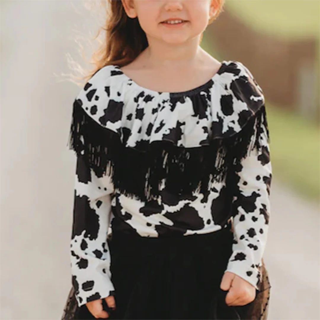Shea Baby Toddler Girls' Cowprint Off Shoulder Fringe Shirt