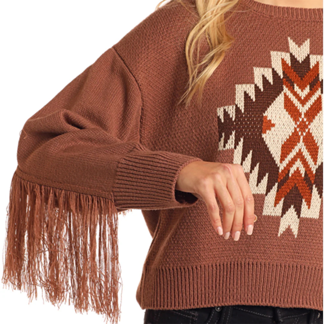 Rock & Roll Denim Women's Aztec With Fringe Sweater