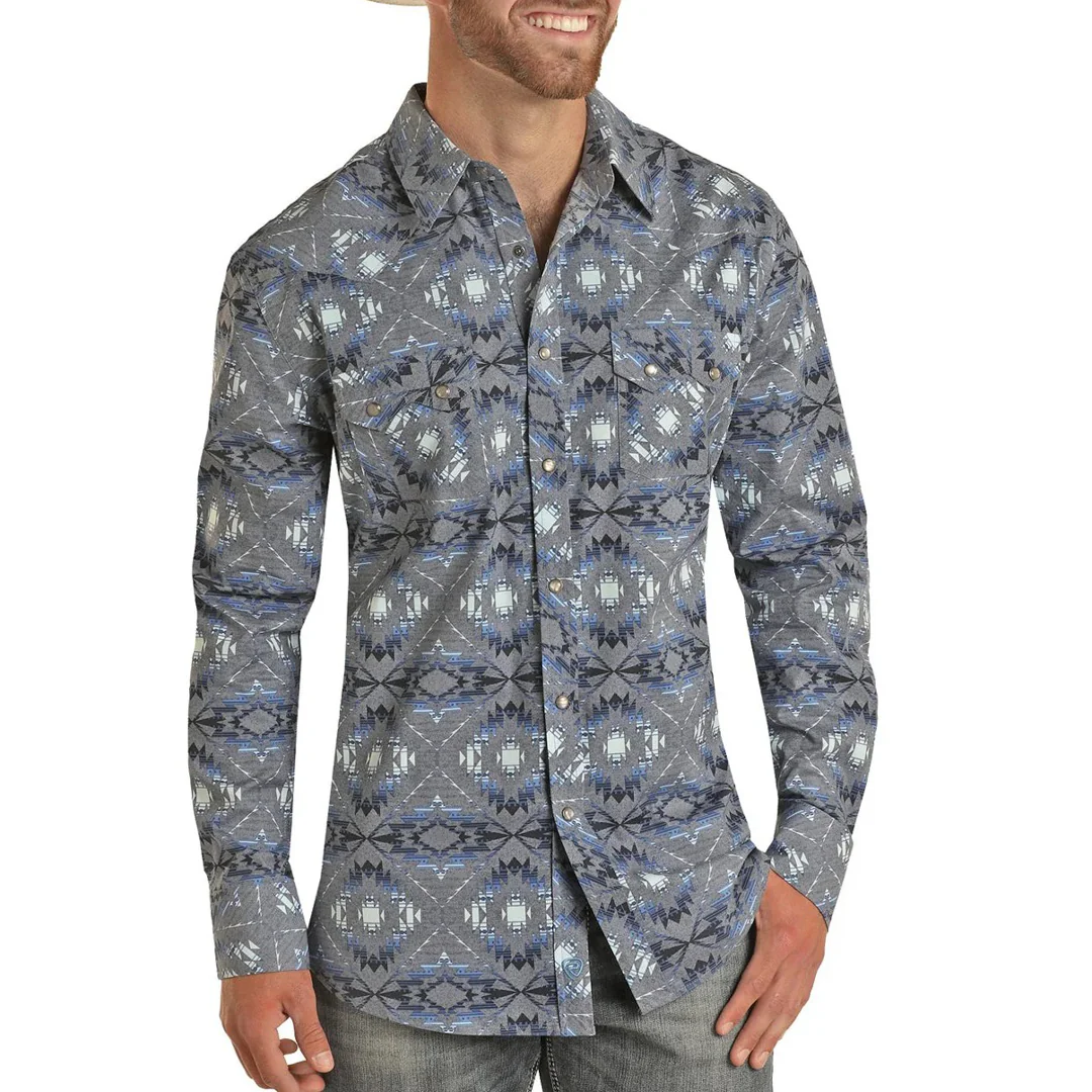 Rock & Roll Cowboy Men's Aztec Print Snap Shirt In Grey