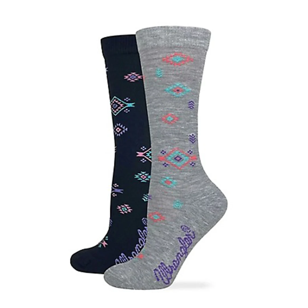 Wrangler Women's 2 Pack Seamless Toe Year Round Wear Aztec Crew Socks