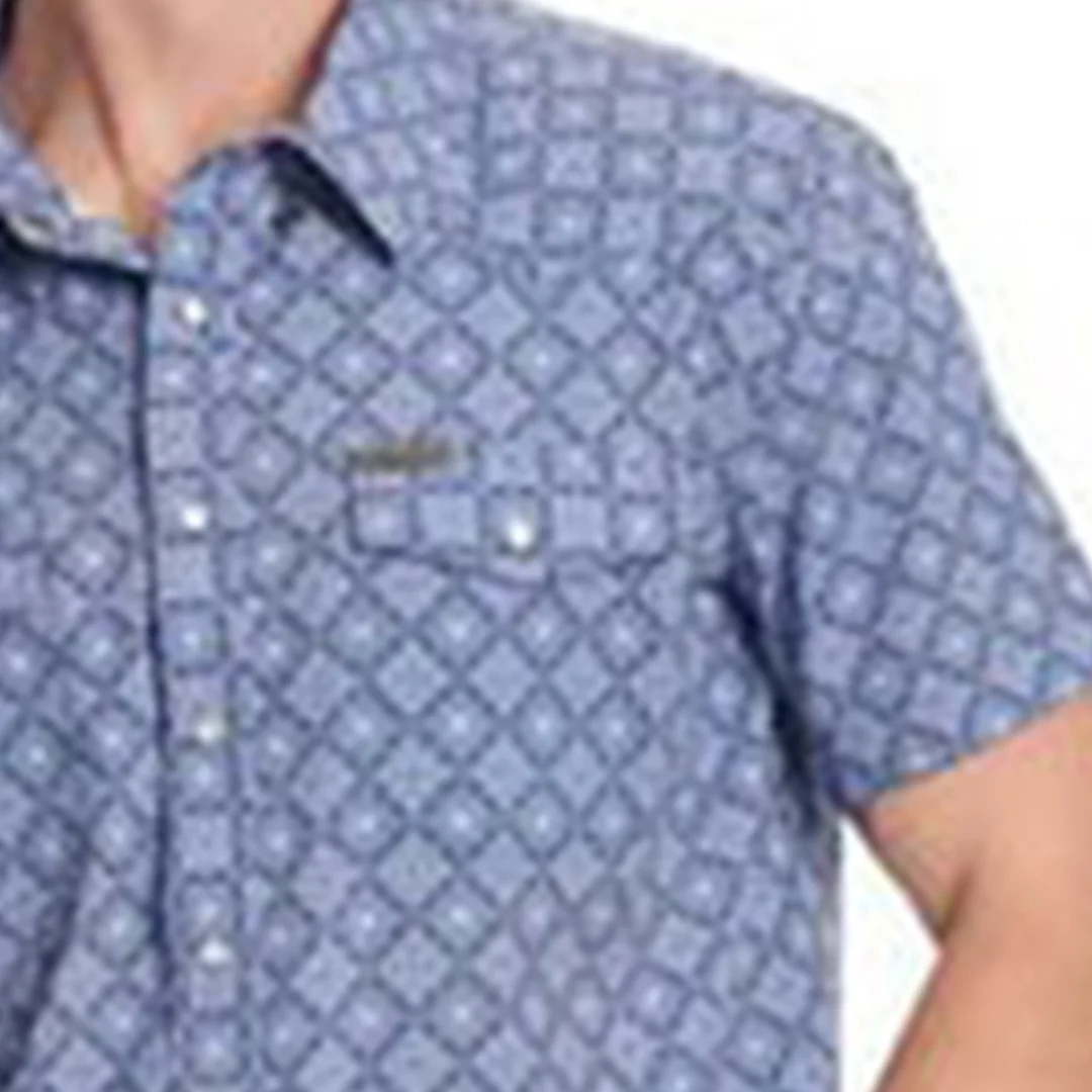 Panhandle Men's Slim Blue Medallion Woven Short Sleeve Snap Shirt
