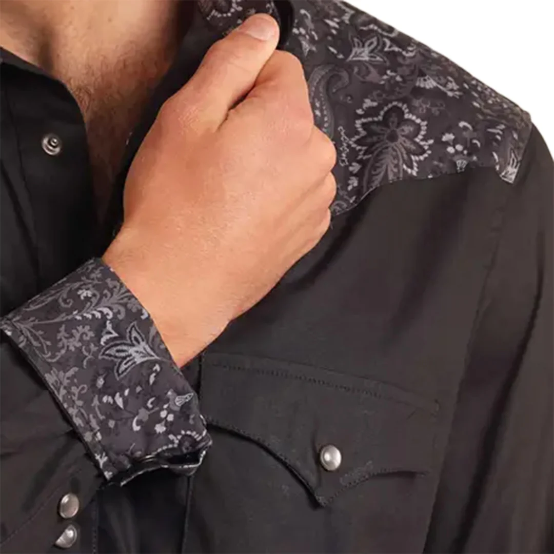 Rock & Roll Denim Paisley Yolk Western Long Sleeve Snap Shirt