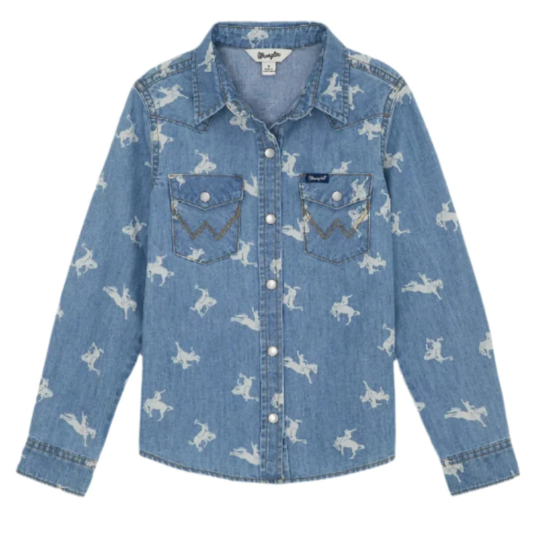 Wrangler Girls' Printed Denim Western Snap Shirt