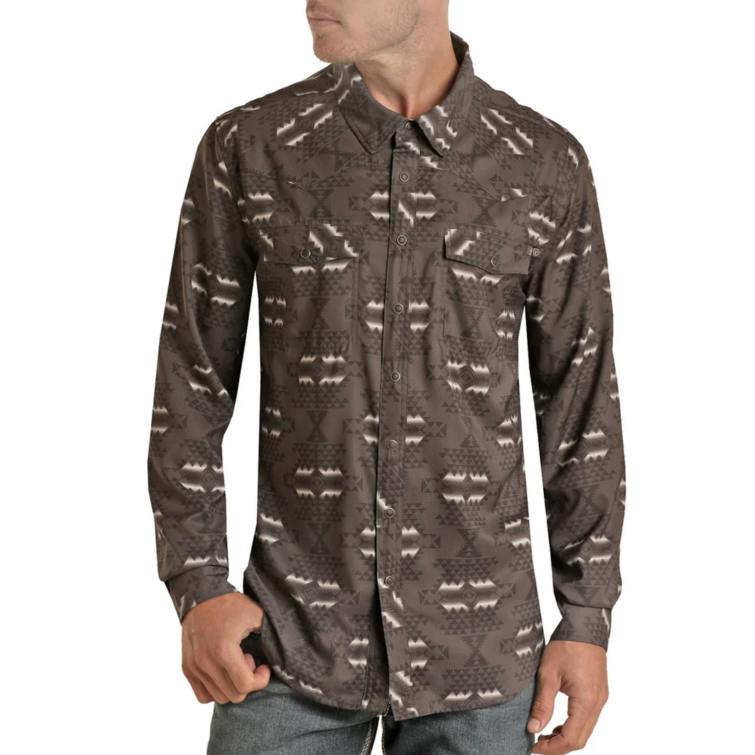 Rock & Roll Cowboy Men's Tek Western Charcoal Aztec Print Long Sleeve Snap Shirt