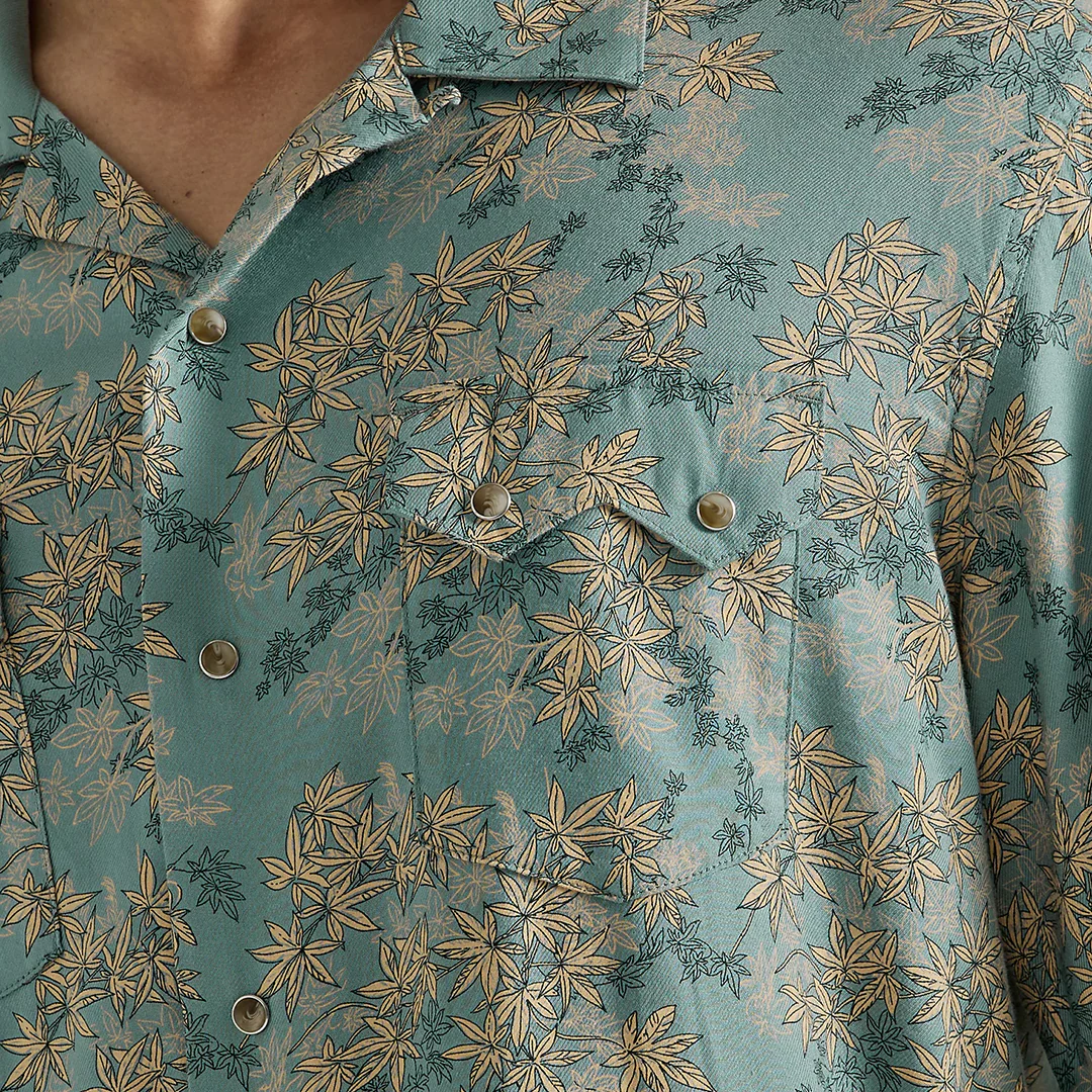 Wrangler Men's Coconut Cowboy Snap Front Camp Sleeve Short in Floral Teal