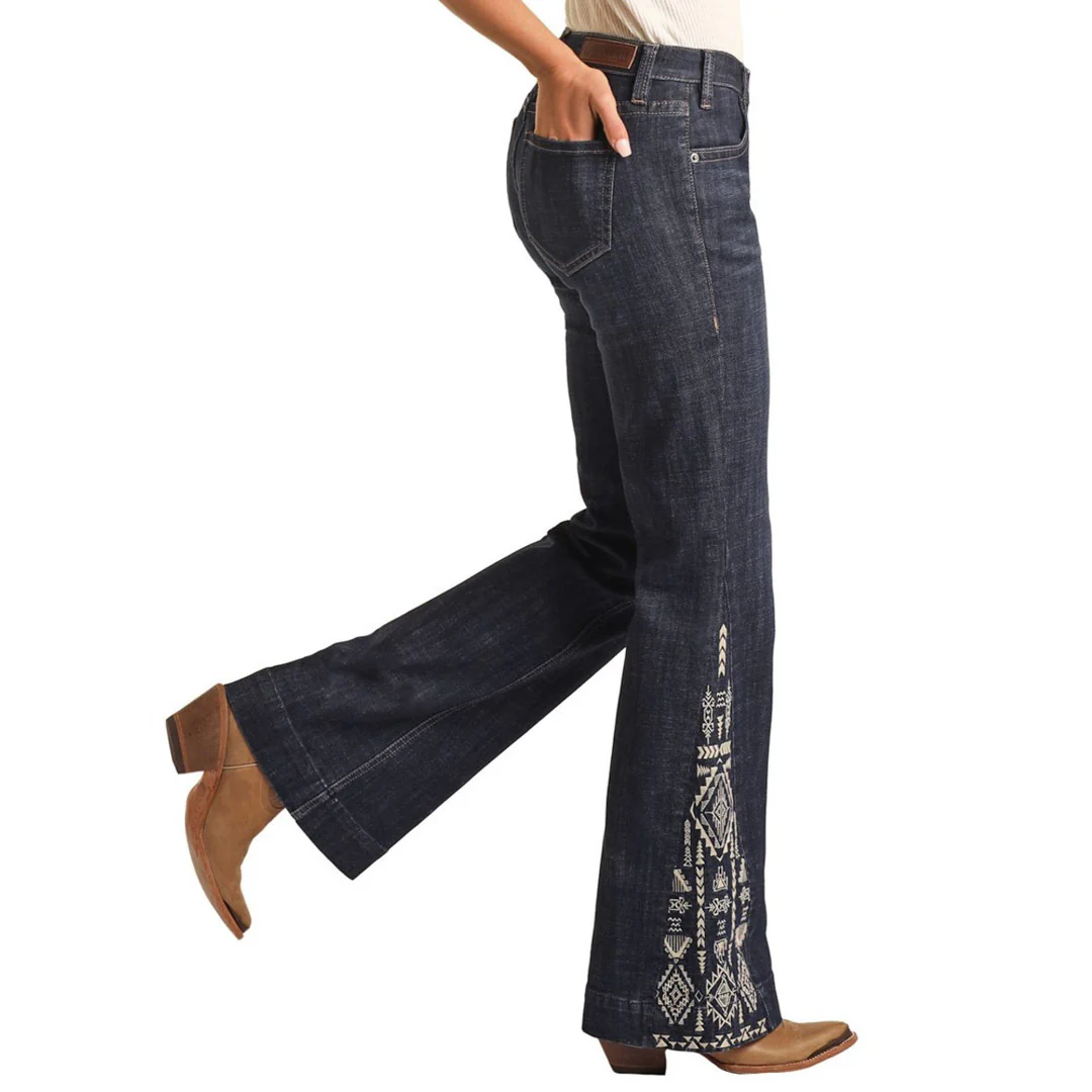Rock & Roll Cowgirl Women's Aztec Mid Rise Relaxed Fit Trouser Jeans