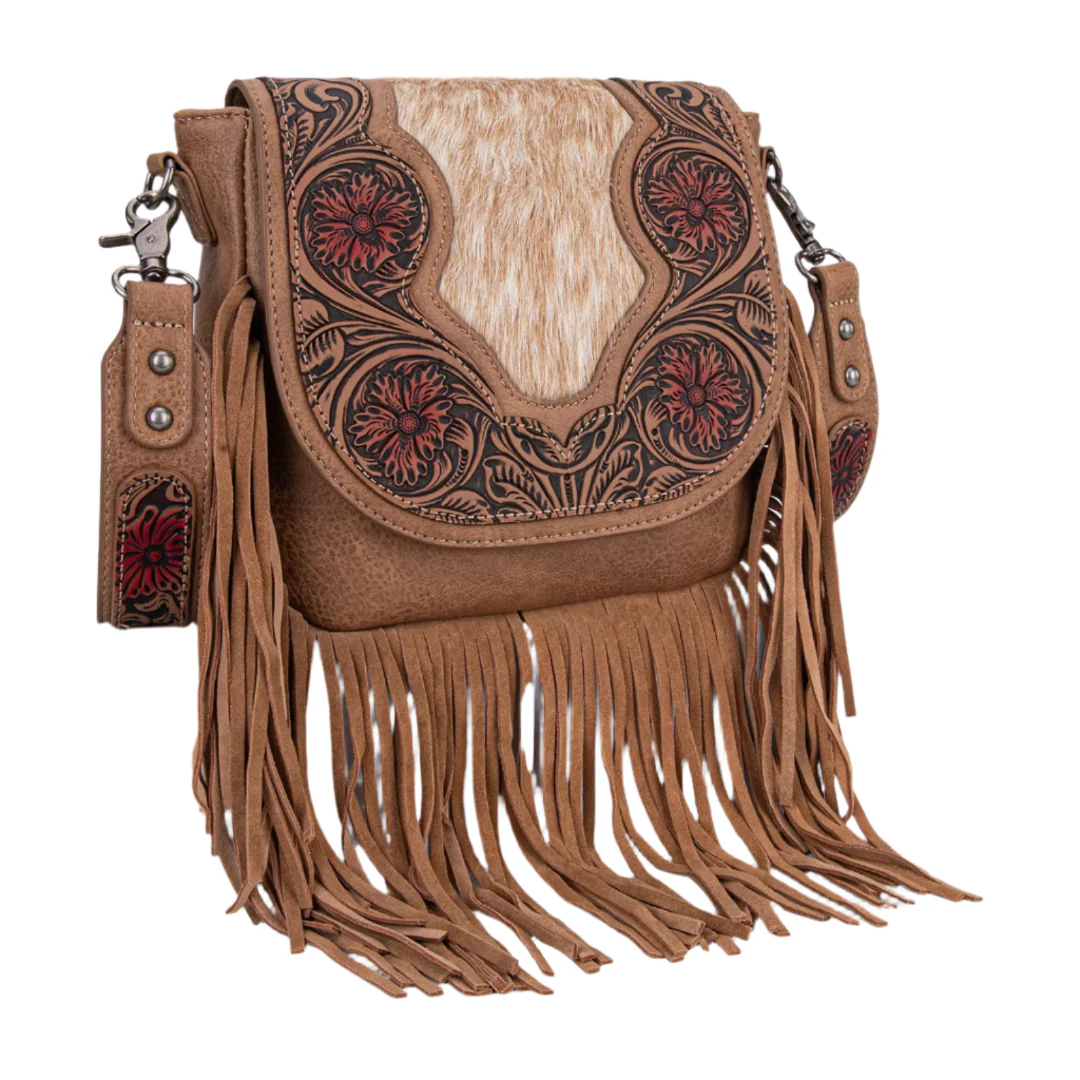 Trinity Ranch Genuine Hair-On Cowhide Tooled Fringe Crossbody
