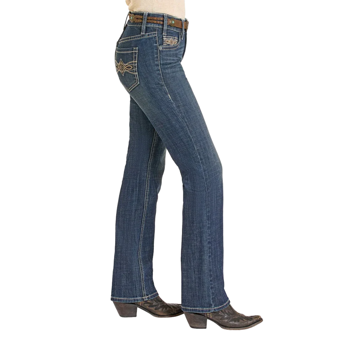 Rock & Roll Denim Women's Leather Embroidered Pocket Modest Bootcut Jeans