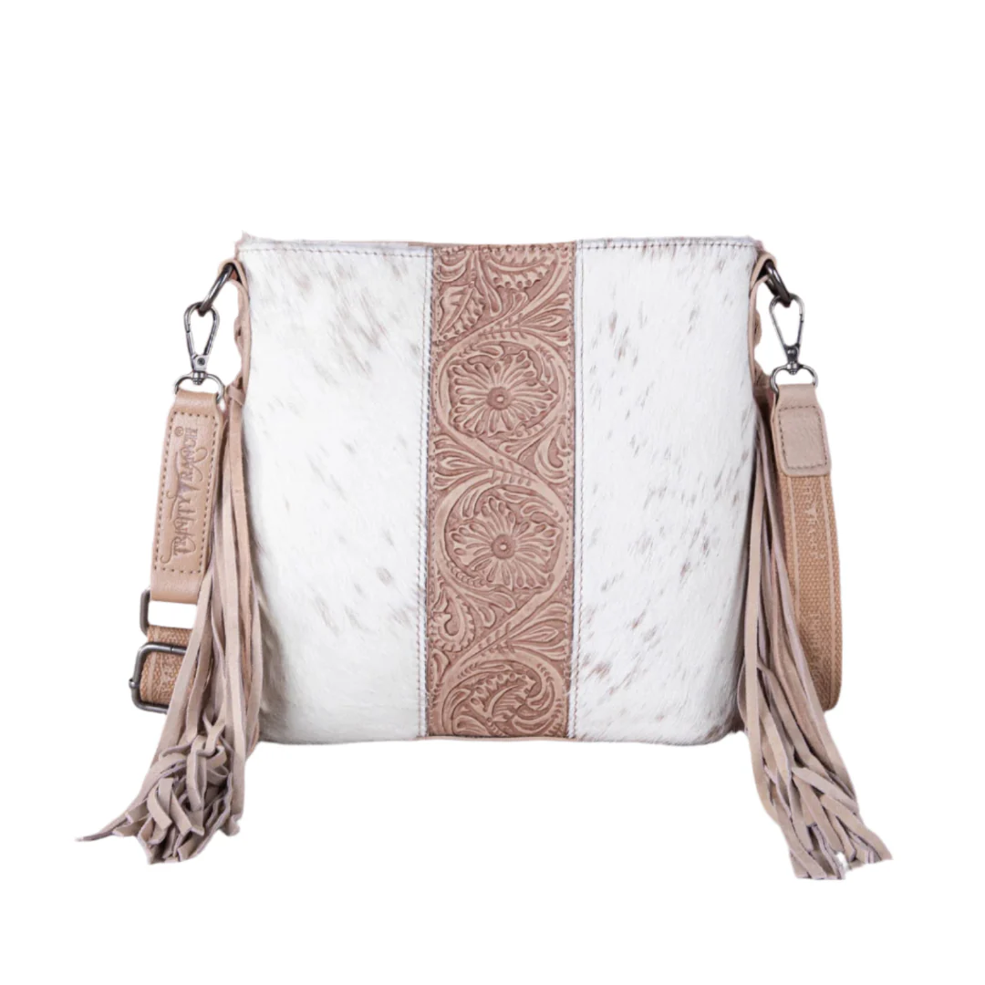 Trinity Ranch Hair-On Leather Cowhide Tooled Fringe Crossbody