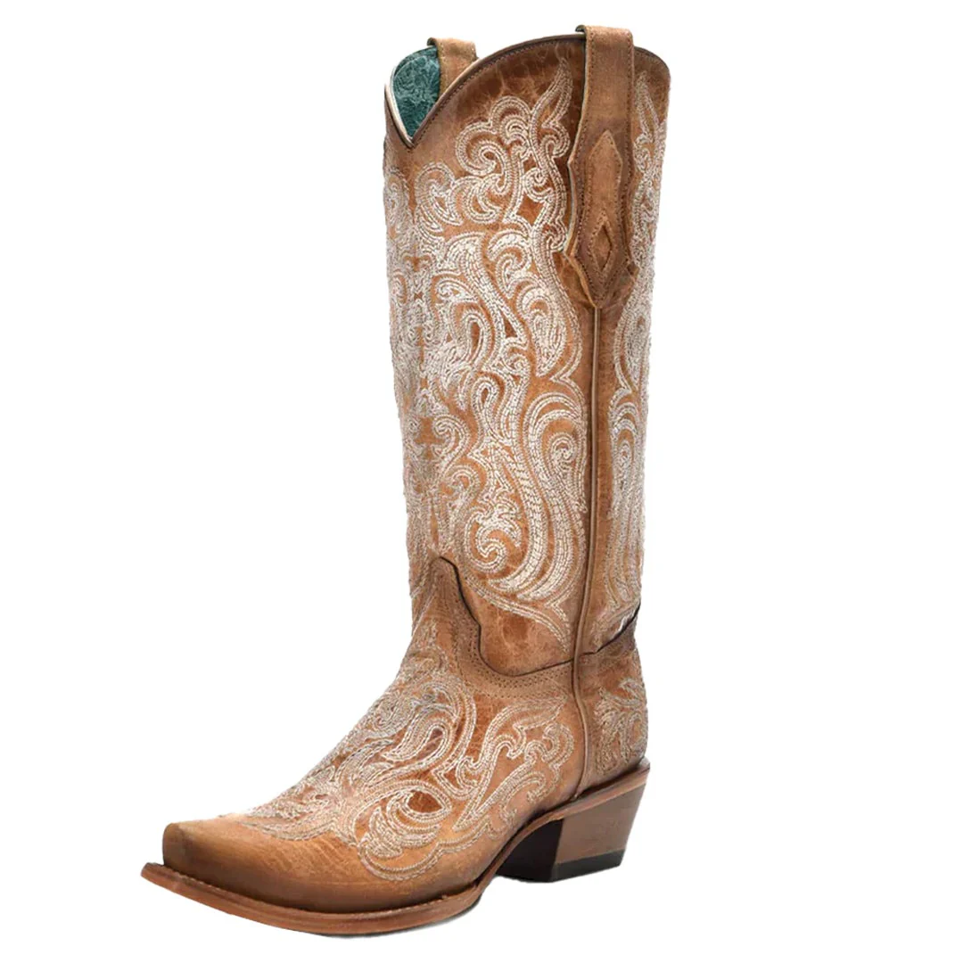 Corral Women's Luminescent Embroidery Crackled Straw Cowboy Boots