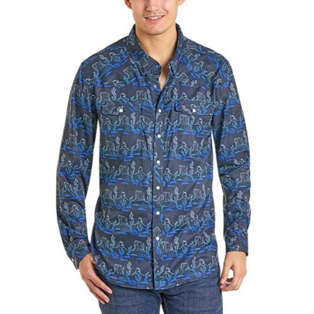 Rock & Roll Denim Men's Novelty Print Long Sleeve Snap Shirt