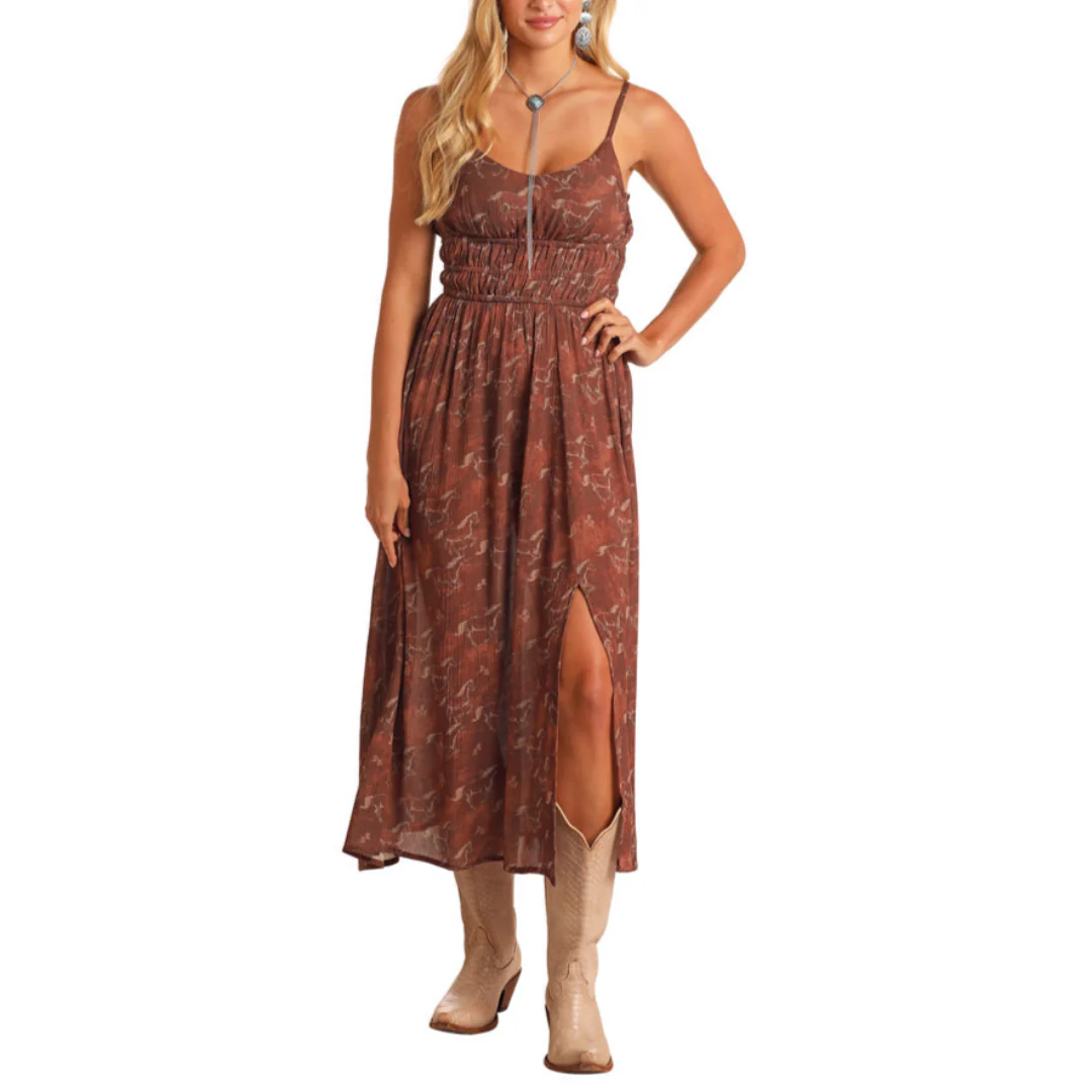 Rock & Roll Denim Horse Print Midi Dress